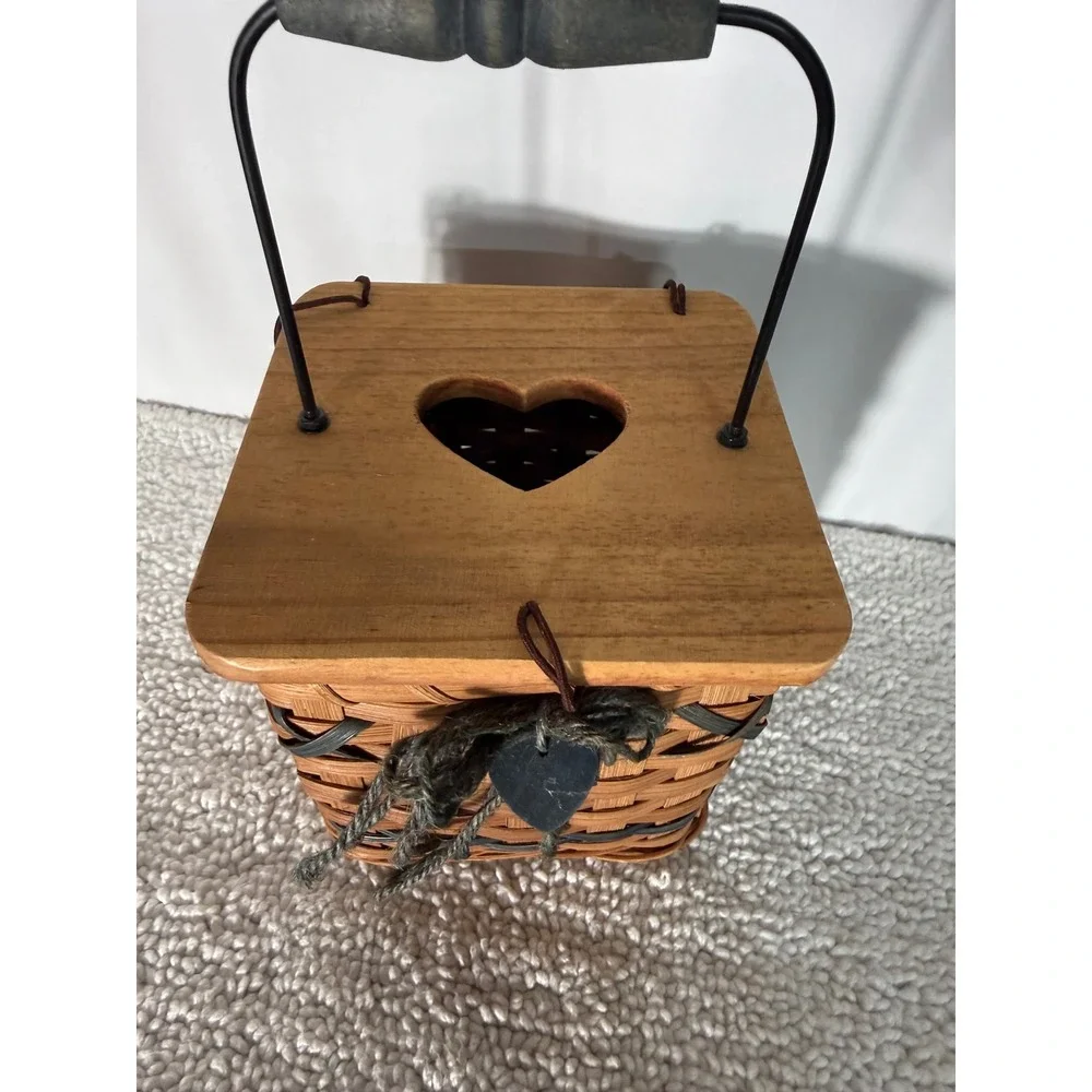 Vintage Rustic Woven Square Kleenex Basket with Wood Heart Lid and Metal Handle
